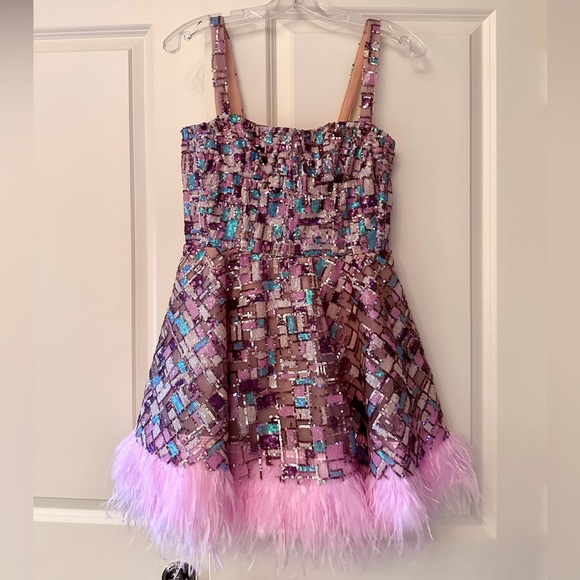 Bronx and Banco Mademoiselle Womens Ostrich Feather Sequined Fit & Flare Dress - Picture 2 of 6